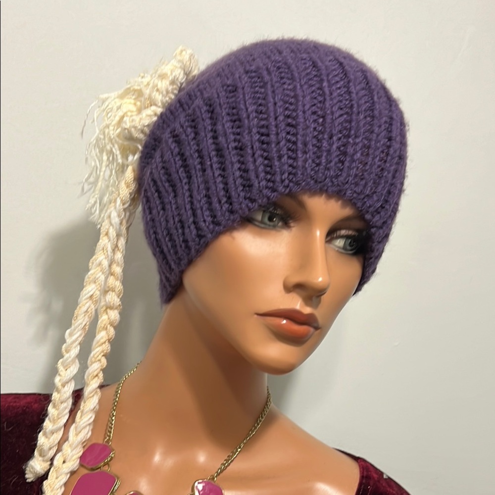 Purple Knit Beanie with Cream Tassels